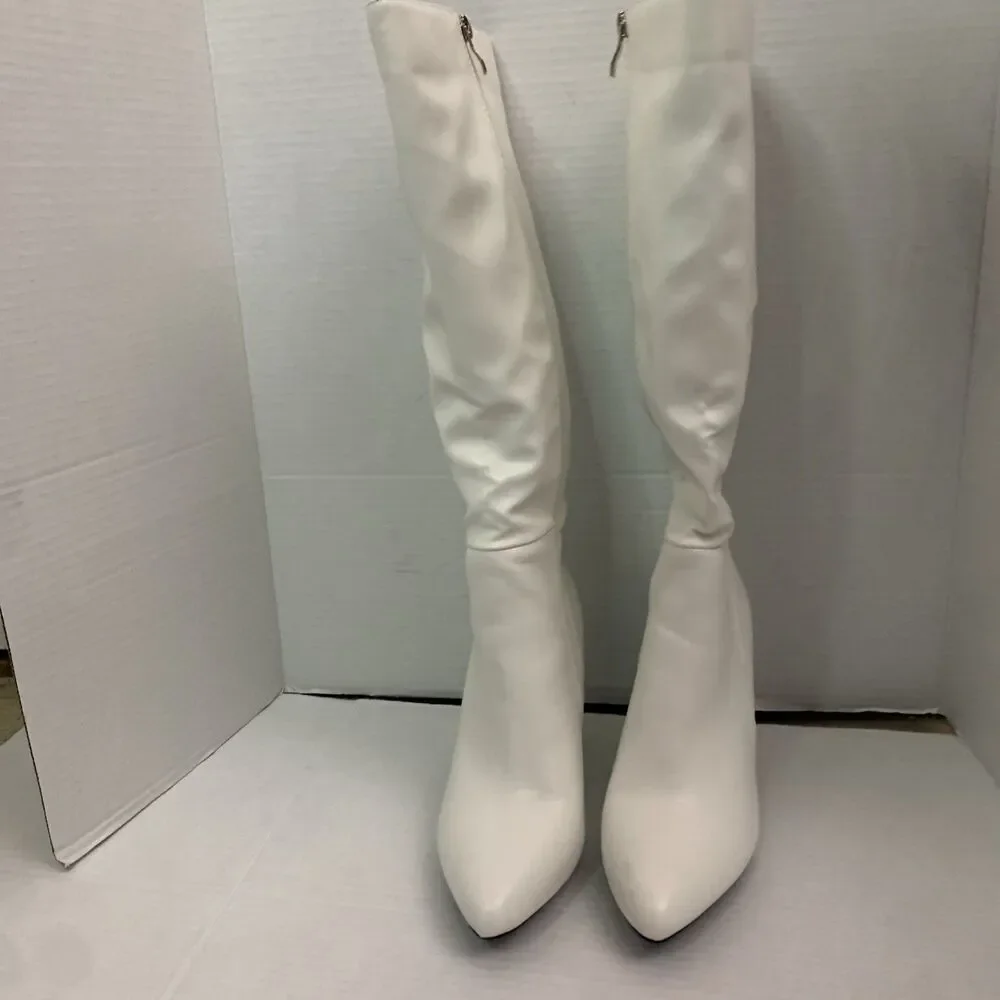 Womens Pointed Toe Zip Up Formal Chunky High Heel Knee High Boots - Picture 6 of 8